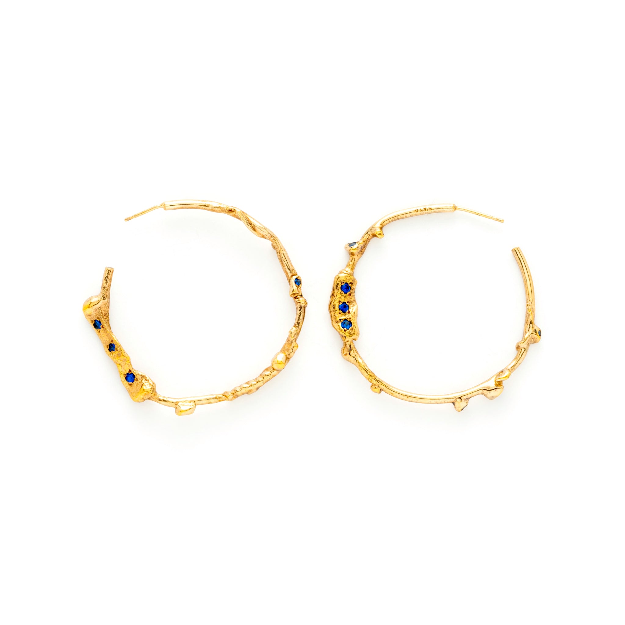 Handmade textured 14k gold earrings hoops with sapphires Taormina Earrings by What If You Stayed