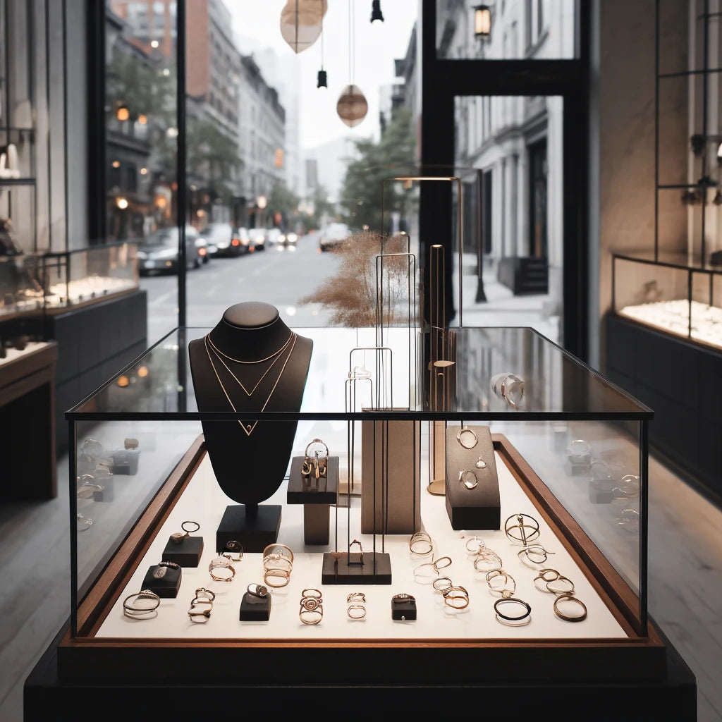 Chic Montreal boutique interior showcasing a stylish display of minimalist jewelry, capturing the essence of urban elegance and modern fashion